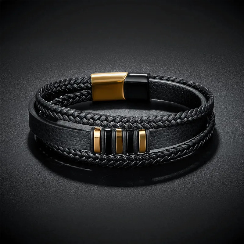 2024 Classic Mens Leather Bracelet Handwoven Multilayer Stainless Steel Accessory Jewelry Wholesale Drop 241223