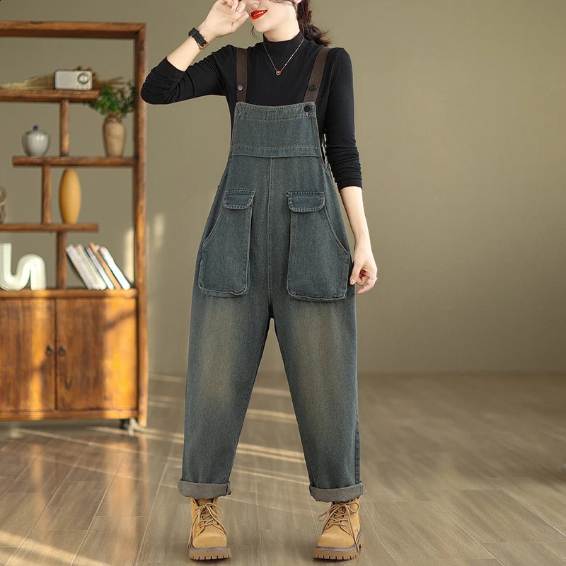 #1437 Autumn Winter Vintage Denim Jumpsuits Women Big Pockets Loose Wide Leg Jeans Jumpsuits Ladies Denim Overalls Sleeveless 241230