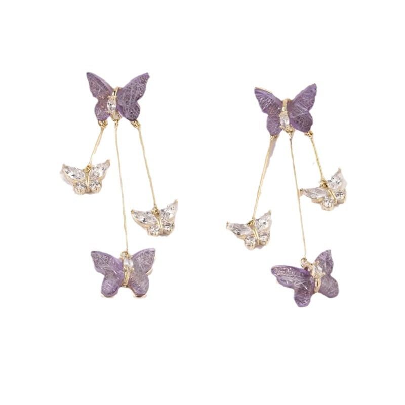 Charming Lavender Crystal Butterfly Dangle Earrings with Delicate Tassel Detail