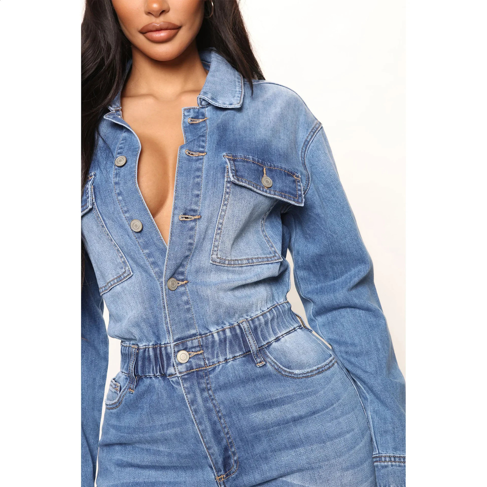 Women Autumn Turn Down Collar Loose One Piece Full Sleeve Tight High Waist Overalls Slim Denim Jumpsuits Long Pants Rompers 241230