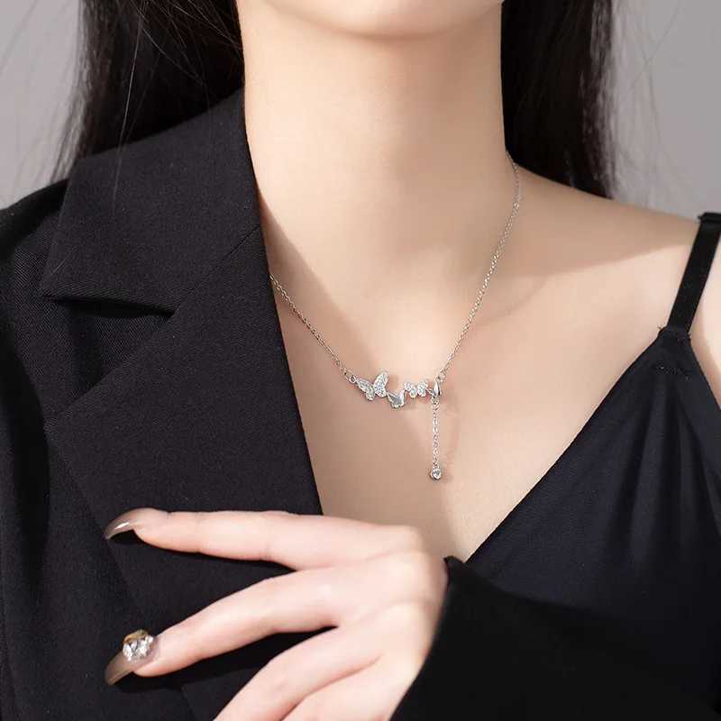 Christmas gift 925 sterling silver sSparkling diamond butterfly necklace fashion tassel Collaone chain Birtay gift jewelry W241230