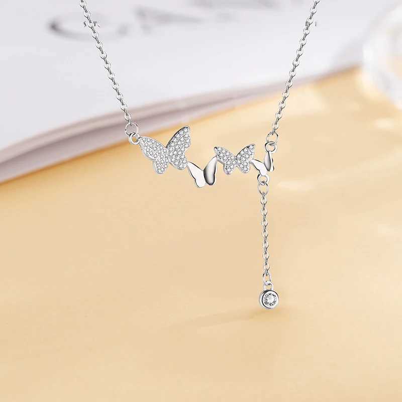 Christmas gift 925 sterling silver sSparkling diamond butterfly necklace fashion tassel Collaone chain Birtay gift jewelry W241230