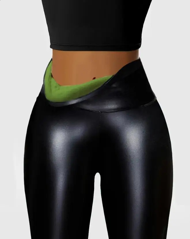 Womens Urban Fashion Trousers 2024 Autumn Winter Latest Pu Leather High Waist Thermal Warm Fleece Lined Legging Skinny Pants 241223