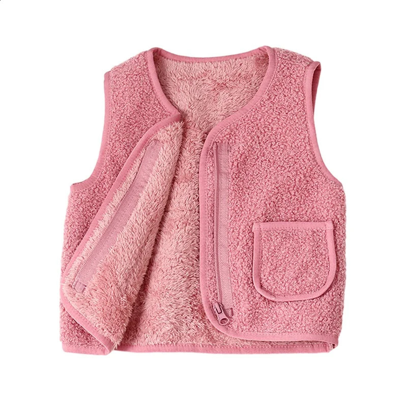 Childrens Winter Lamb Wool Undershirt Boys Girls V-Neck Zipper Jacket Baby Warm Coat Vest 0-8 Years Old 241230