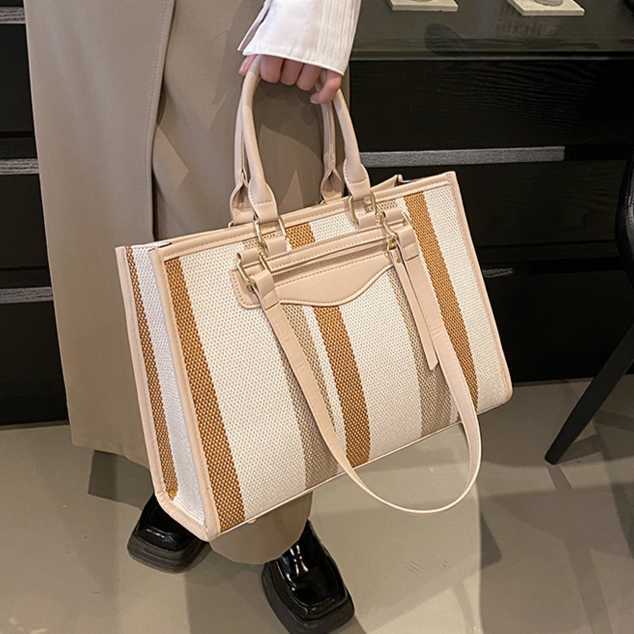 White ditch luggage, canvas tote bag, women's item, contrasting color striped handbag, large capacity shoulder bag 241215