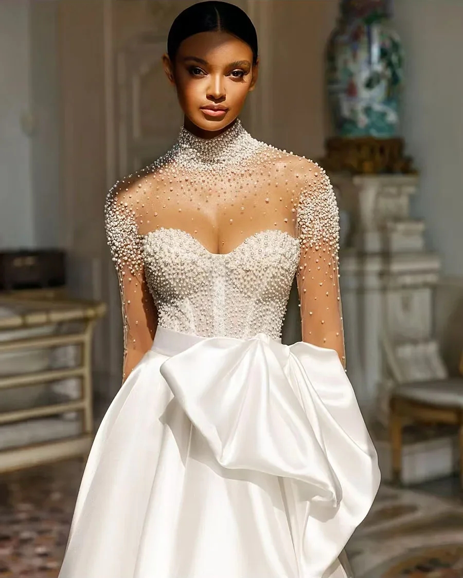 2025 Elegant A-line Bride Wedding Dress High Neck Pearls Beading Long Sleeve Satin Bridal Formal Gowns Vestidos De Novia African Robe De Mariage