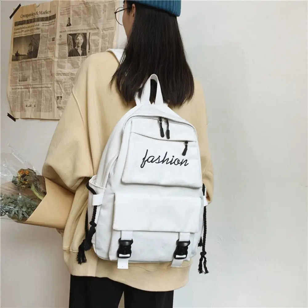 Womens Korean Version Canvas Schoolbag Mens Casual Solid Color Backpack Travel School Shoulder Bag 241230