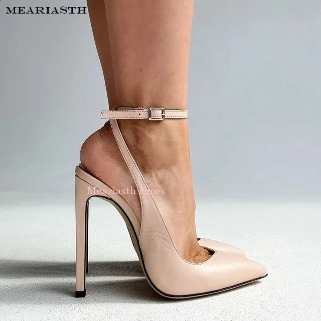 red Ankle Strap Pointed Toe Women Slingback Pumps Black Matte Leather Hollow Stiletto High Heels Sandals 12CM Size 35-4444 241230