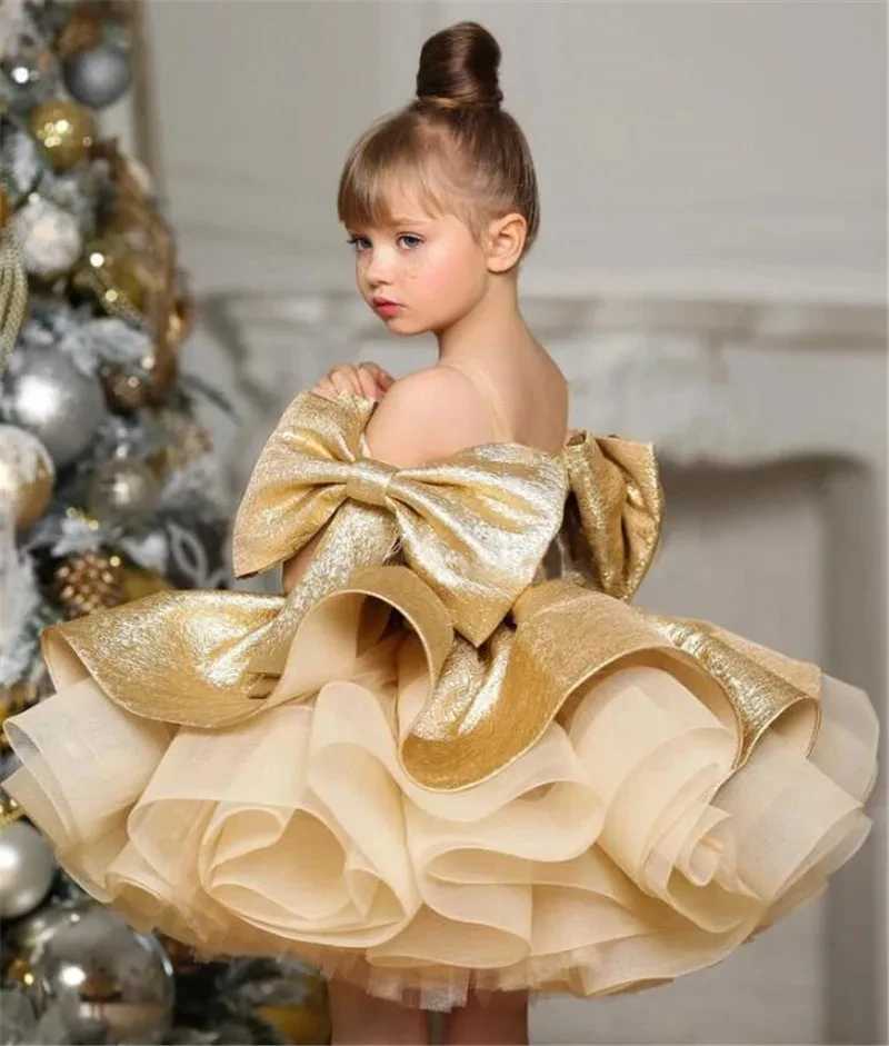 Girl's Dresses Fluffy Gold Satin Flower Girl Dress Knee Length Sparkling Wedding Party Dress Bow Child Baby Birthday Dress Ballet Tutu Dress L250