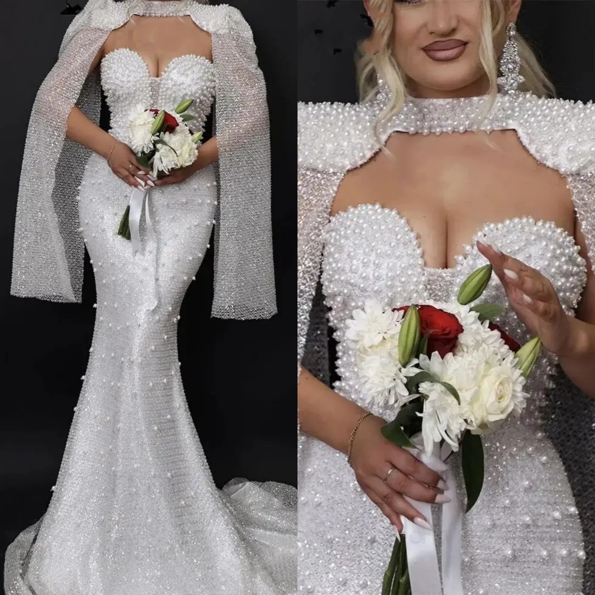 Designer Mermaid Wedding Dresses For Women Sweetheart Neck Cap Sleeves Gown Appliques Pearls Sweep Train Customized Dress