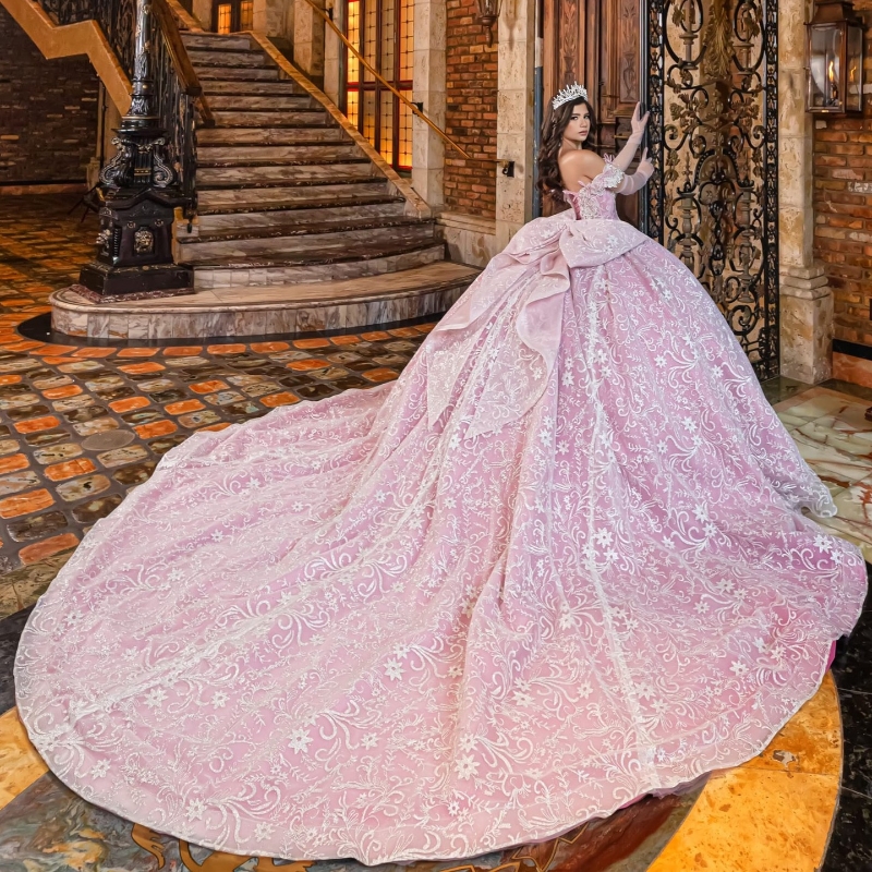Pink Quinceanera Dresses Ball Gown Off The Shoulder Sequin Applique Lace Beading Bow Tull Party Birthday Sweet 16 Vestido De 15 Anos