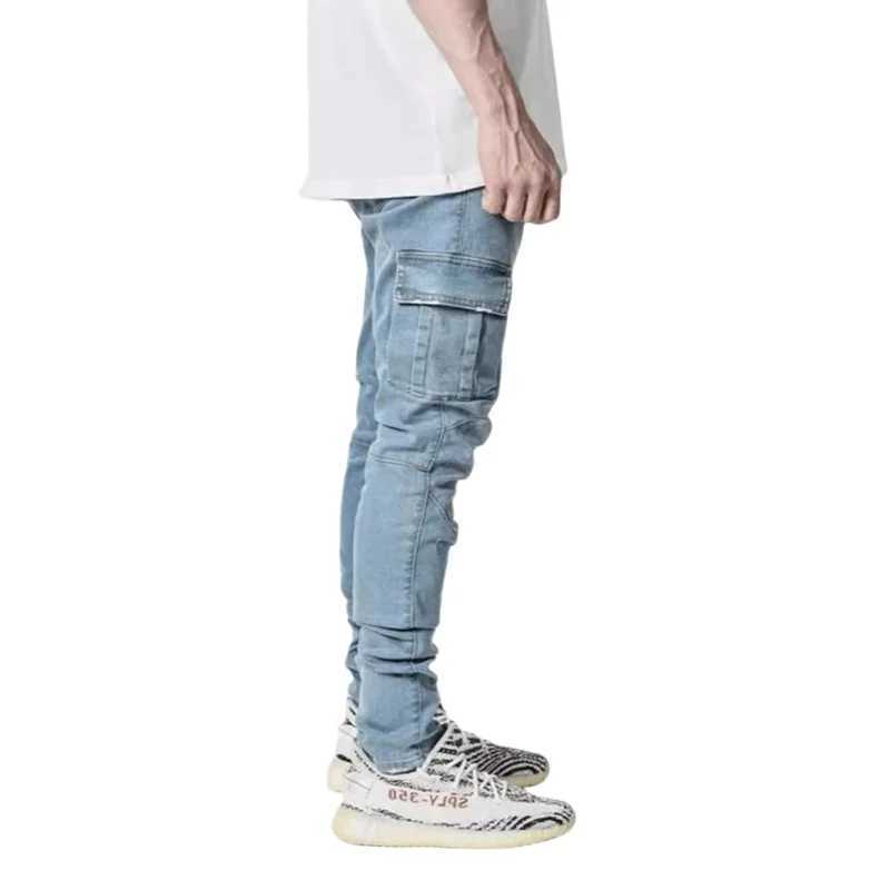 Autumn and winter new mens clothing solid color elastic multi bag tight pants ultra-thin denim cargo pants W241231 - view 3