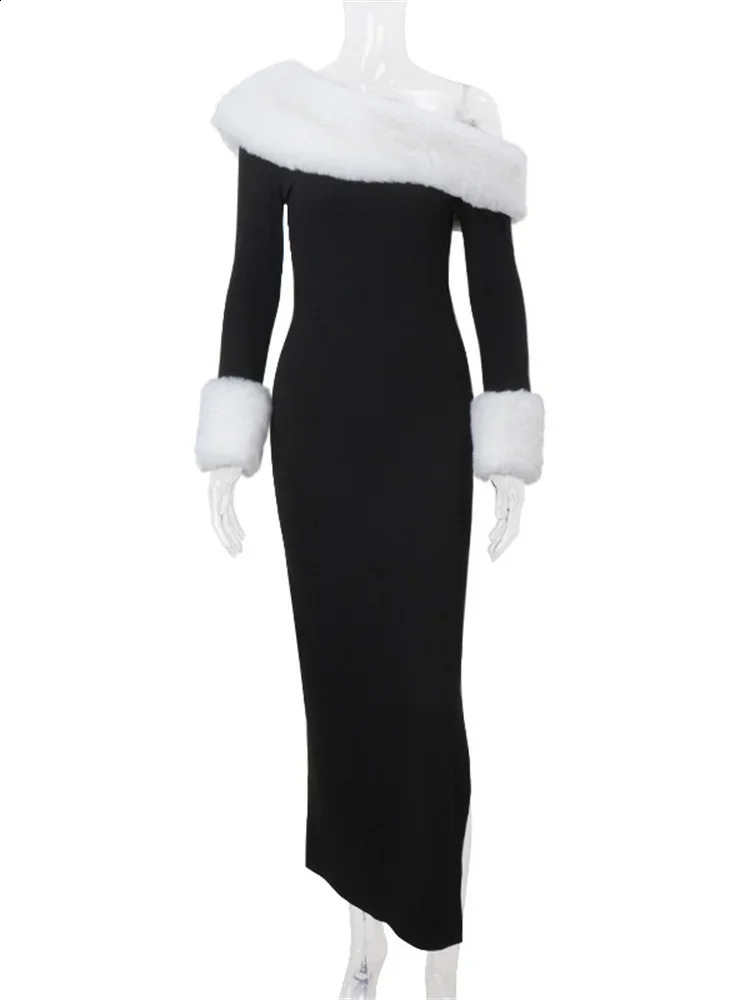 Tossy Fluffy Winter Slim Maxi Dress Female High Waist Long Sleeve Sexy Off-Shoulder Patchwork Bodycon Dress Ladies Party Dress 241228