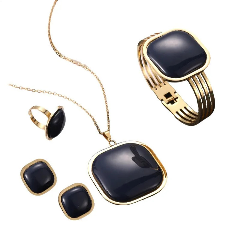 ESALE Fashion and exaggerated steel square pendant necklace bracelet earring ring womens jewelry set 241226