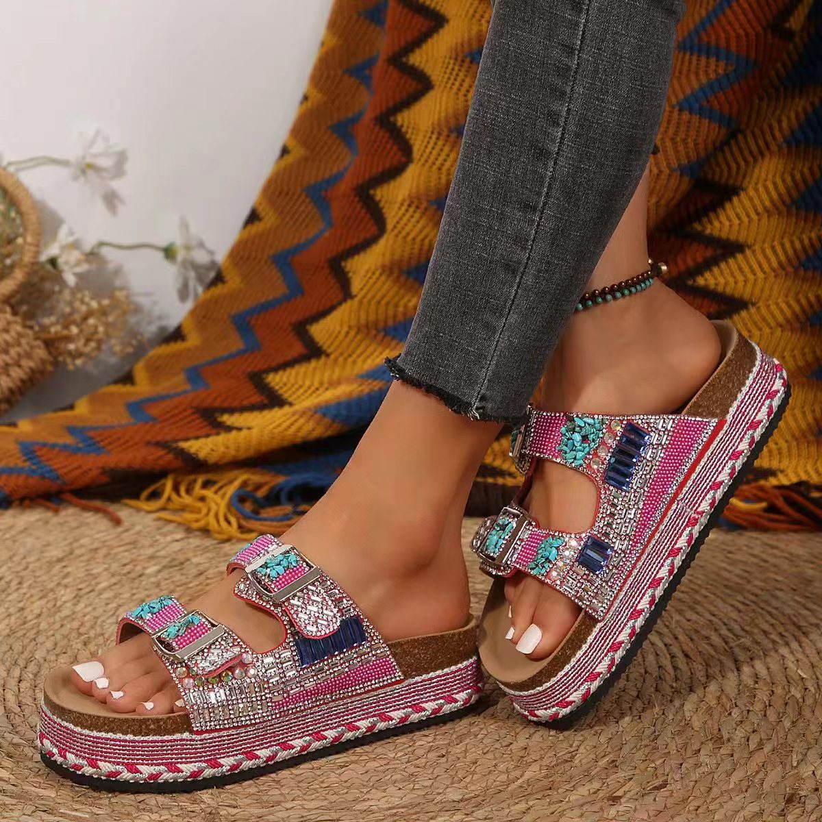 2025 summer new retro fashion thick NEW sole double buckle dia-like slippers for women every beach big size 36-43 women's shoes