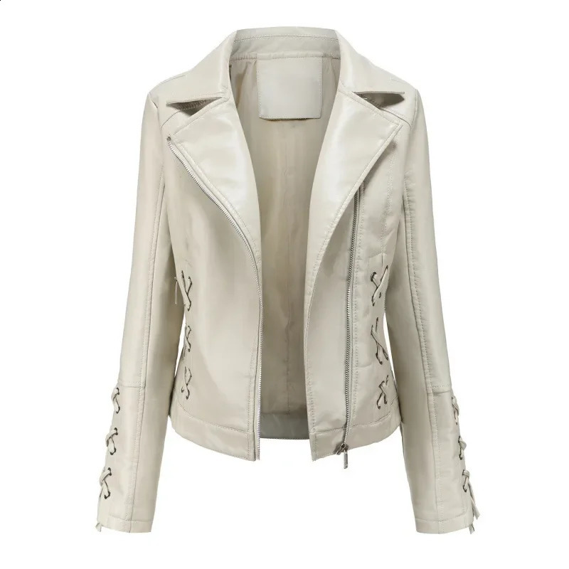 2024 Fashionable Knitted Leather Womens Jacket With Drawstring Casual European And American Style Coat 241220