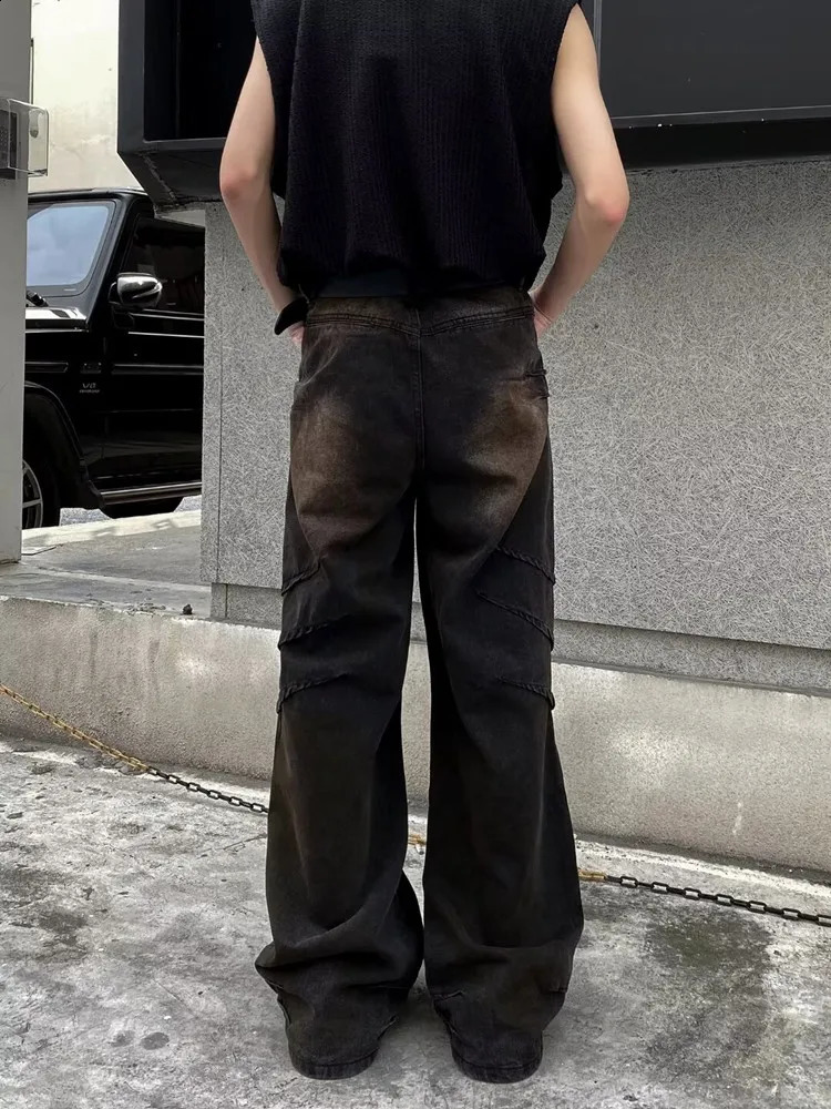 Cyber Y2K Streetwear Old Black Distressed Pleated Baggy Jeans Pants For Men Clothes Straight Loose Gothic Long Trousers 241230