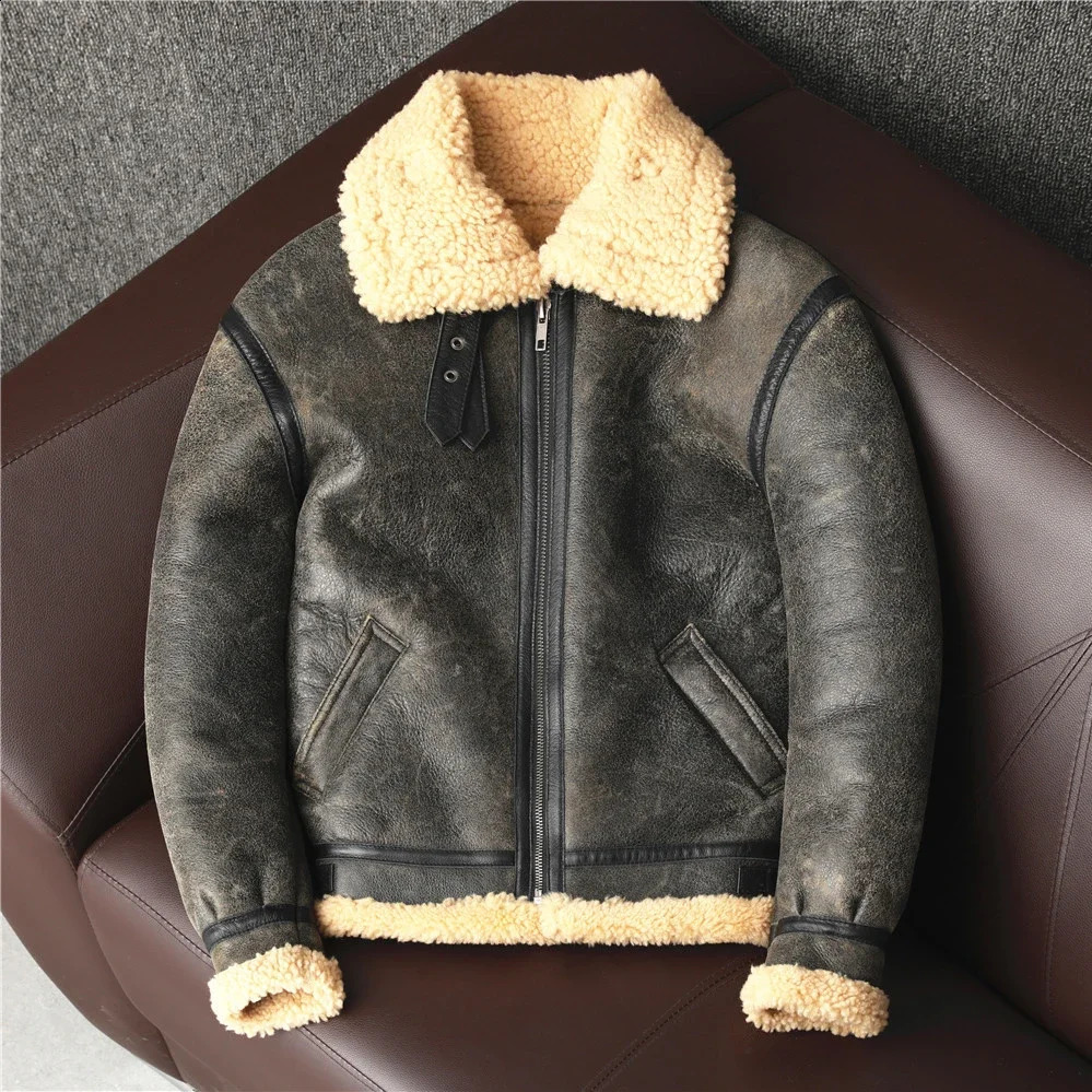 B3 Male Coats Vintage Brown Biker Man Clothing Mens Sheepskin Genuine Leather Jacket Winter Warm Shearling Wool Fur Coat 241230