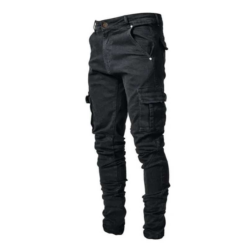 Autumn and winter new mens clothing solid color elastic multi bag tight pants ultra-thin denim cargo pants W241231 - view 4