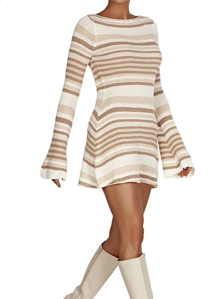 Womens Fall Mini Dress Long Sleeve Open Back Solid Color Knit Dress Sexy Casual Sweater Dresses 241228