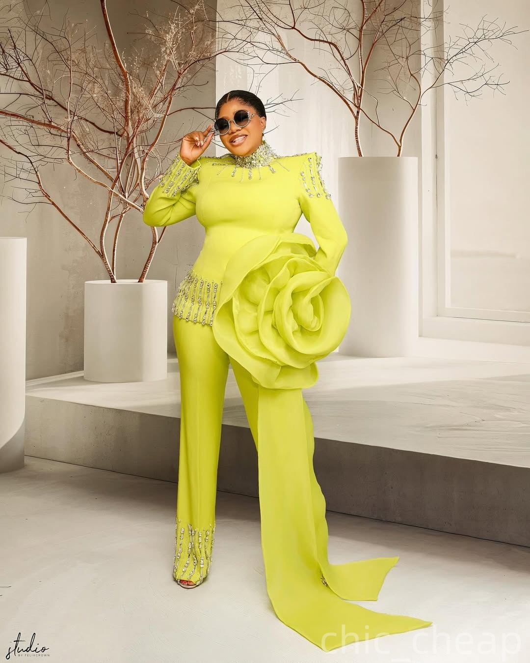 Yellow Mermaid Prom Jumpsuits Dresses 2025 Crystals Flower Satin Evening Formal Party Second Birthday Engagement Gowns Plus Size Dress For Special Occ