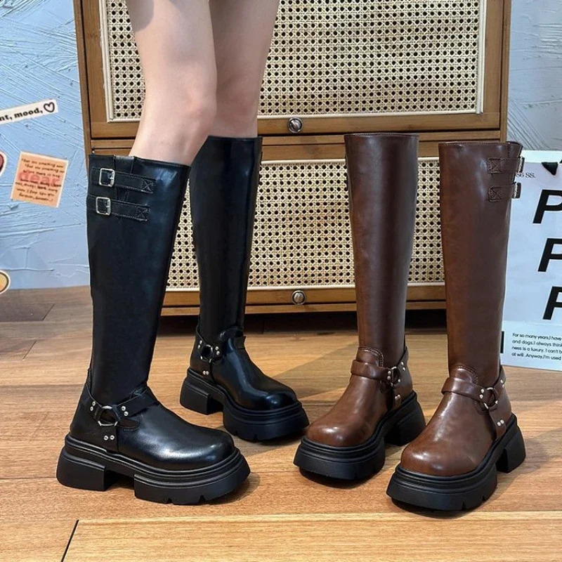 Denim Boots for Women Motorcycle Boots Retro Brown Belt Buckle Round Head High Women Boots Ladies Platform Boot Shoes for Women 241231