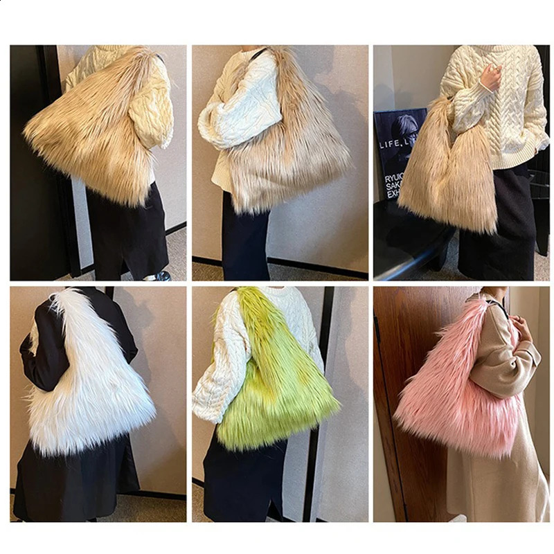 Wool Womens Winter Warm Plush Crossbody Shoulder Bags Y2k Girls Faux Fur Bucket Bag Fashion Female Furry Purse Tote Handbags 241231