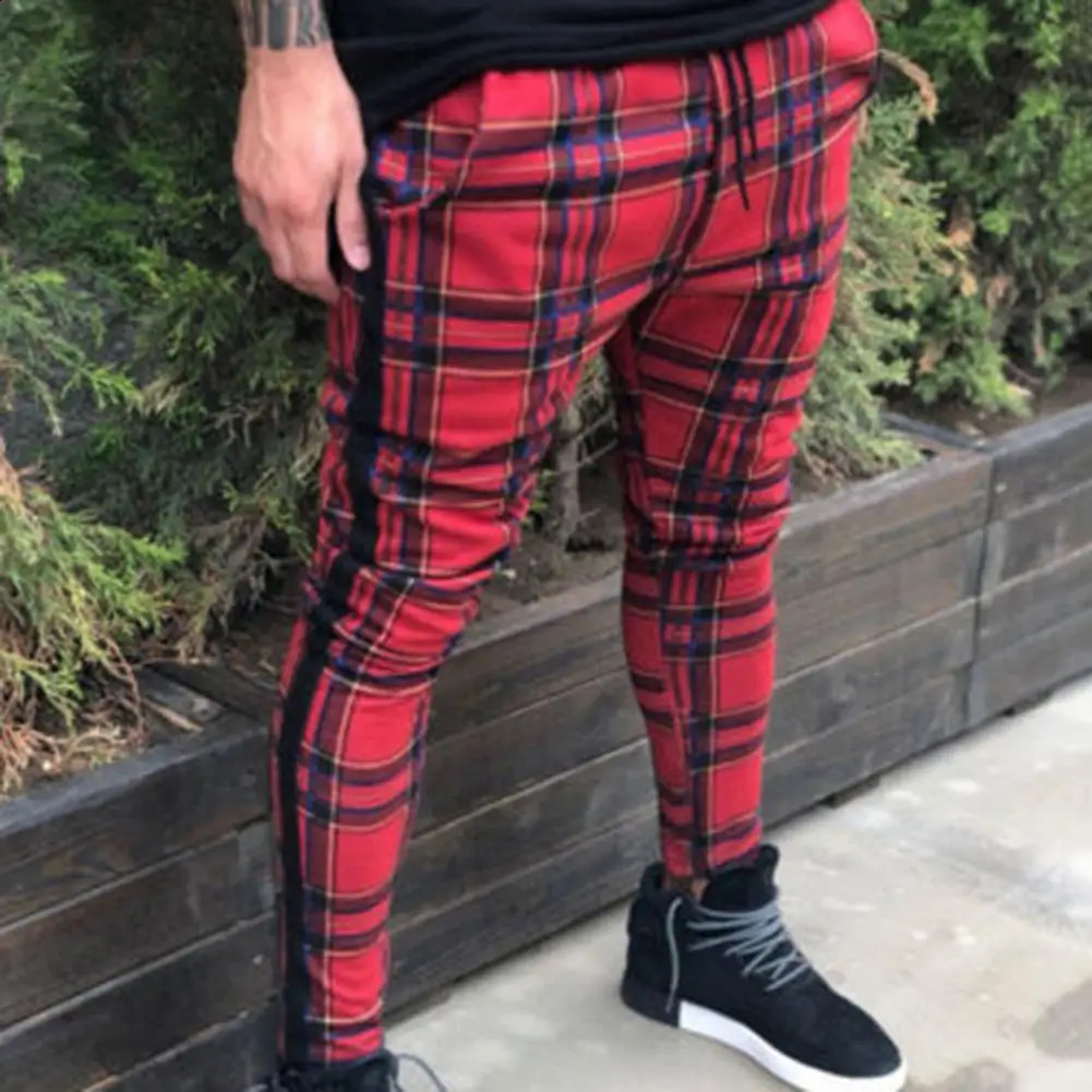 Pencil Pants Sweatpants Men Plaid Simple Spring Mens Joggers Slim Fit Hole Long Trouser 241230Z