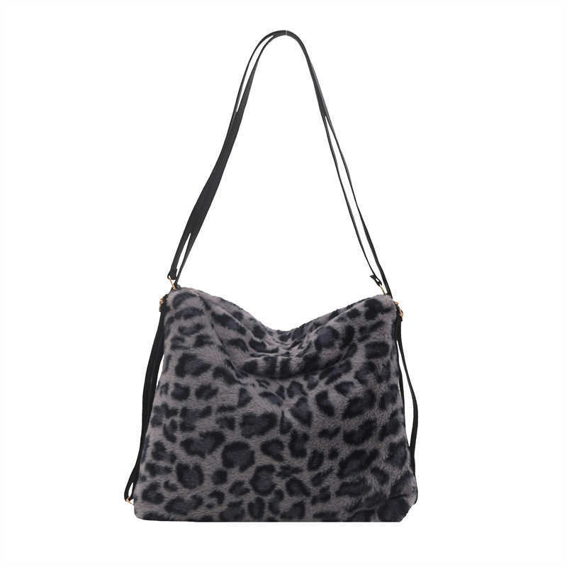 Winter New Trendy Plush Leopard Pattern Personalized Multi functional Western Style Plush Lazy Style Simple Single Shoulder Double Shoulder Tote Bag 2