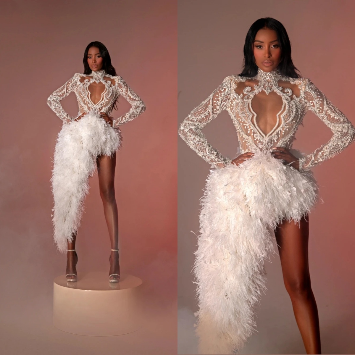 Sequin Evening Mini | High Collar, Long Sleeves, Appliques, Short Party Dress