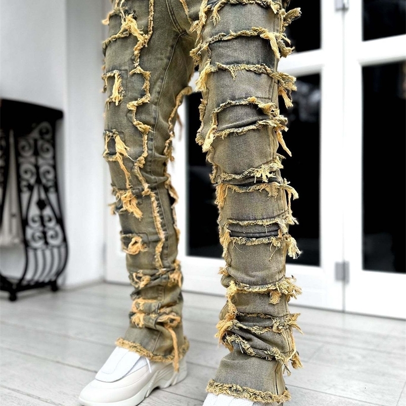 High street white men's stack jeans Stretch patchwork fringe broken denim trousers Men's fashion pants 241231