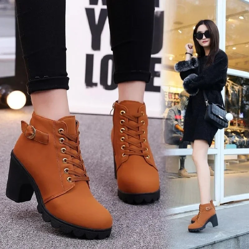 Spring Winter Women Pumps Boots High Quality Lace-up European Ladies Shoes PU High Heels Boots Fast Delivery 241231