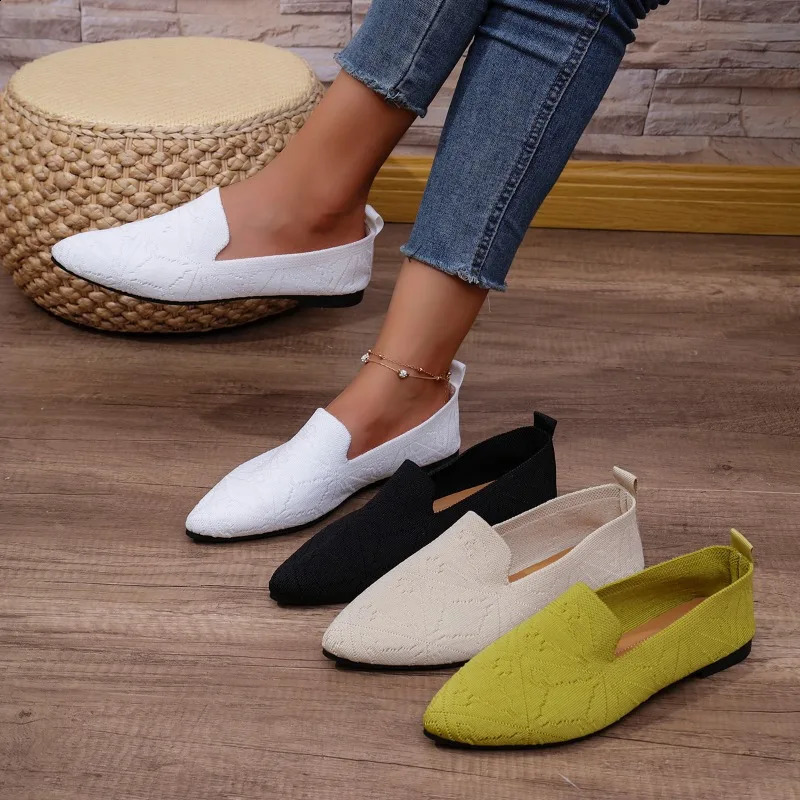 Women Solid Color Pointed Toe Mesh Loafers Shallow Woman Flats Soft Bottom Knit Ballet Shoes Casual Slip on Boat 241225