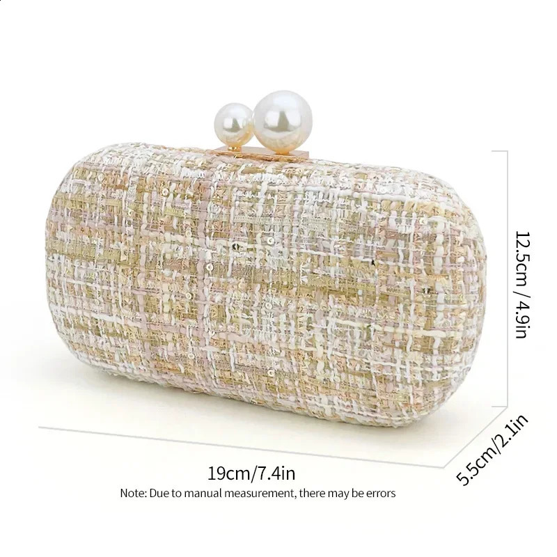 Sequin Tweed Evening Bag Faux Pearl Clutch Purse Plaid Pattern Handbags for Wedding Party Prom Small Shoulder Crossbody Bags 241231