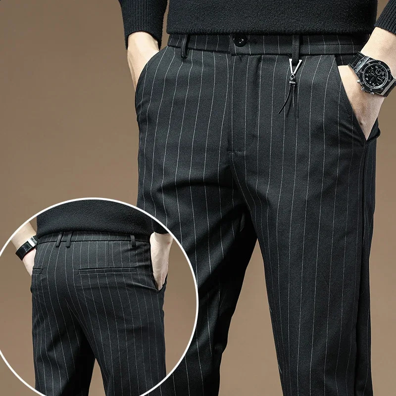 Male Business AnkleLength Straight Pencil Slacks N Leg Cropped Trouser Men Black Gray Striped Slim Fit Cool Pants 241230