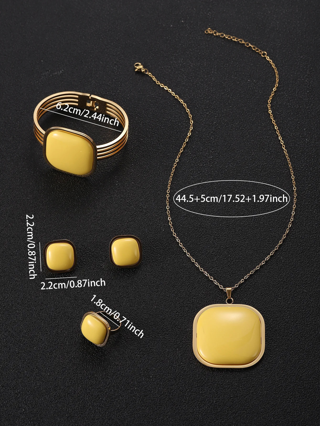 ESALE Fashion and exaggerated steel square pendant necklace bracelet earring ring womens jewelry set 241226