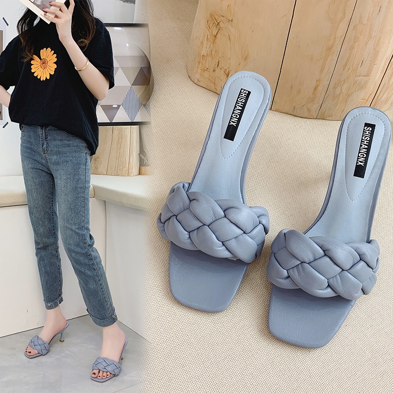 Square Ddmywed Summer Head Knitted Edition Outerwear Slippers With One Line Open Toe High Heels And Cool Dragging Women S Shoes Trendy Chinese Brand F
