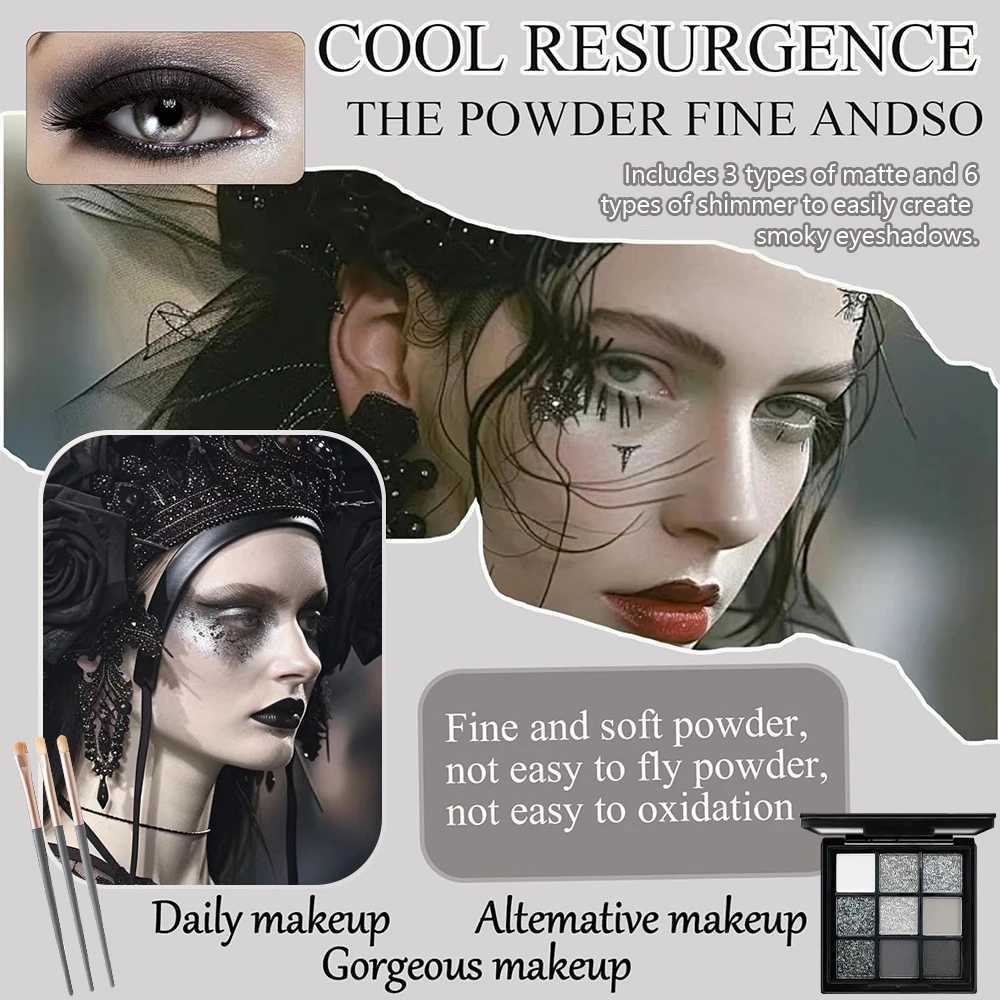 9-color eye shadow palette black gray silver matte finish smoke style party performance makeup W241230