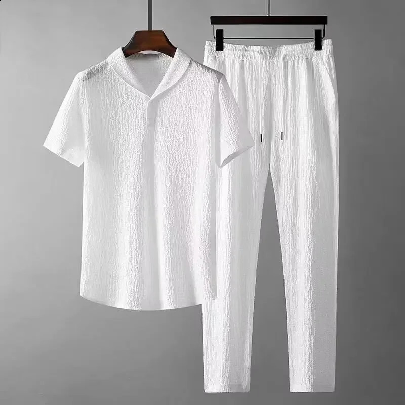 Mens Crinkled Ice Silk Tshirt Short Sleeve Sports Suit Pants Onepiece Lightweight Summer Clothing 241223