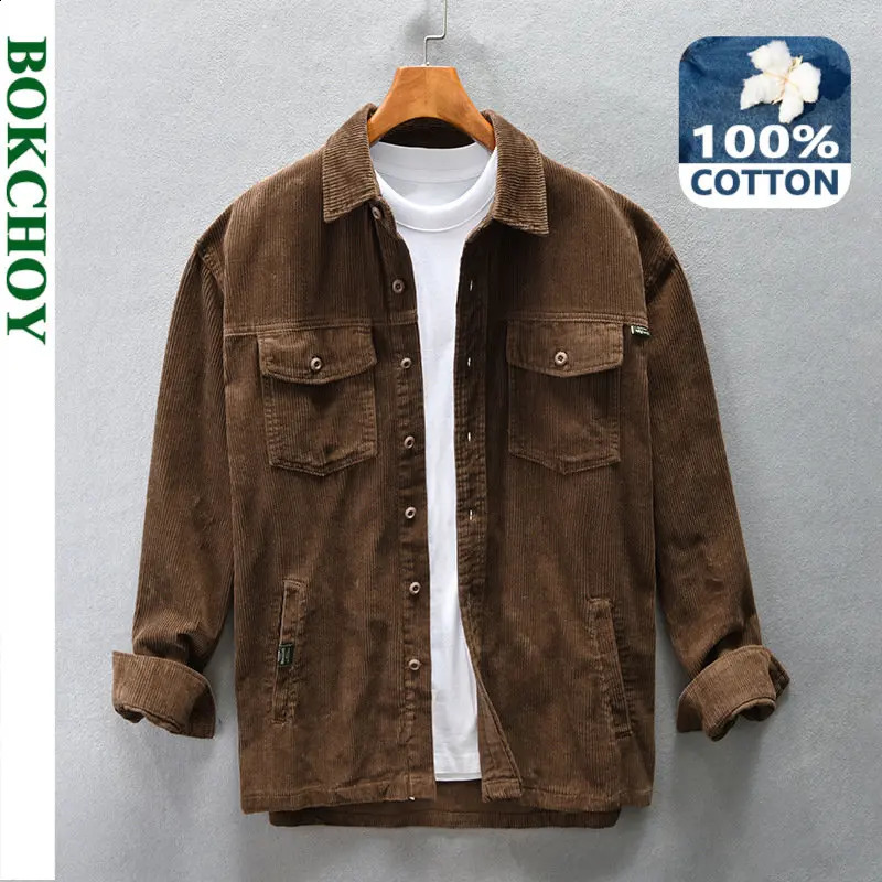 Autumn Winter Casual Corduroy Mens Shirt Vintage Multi Pocket Comfort and Soft Pure Cotton Top Dark Green Coffee AZ752 241228