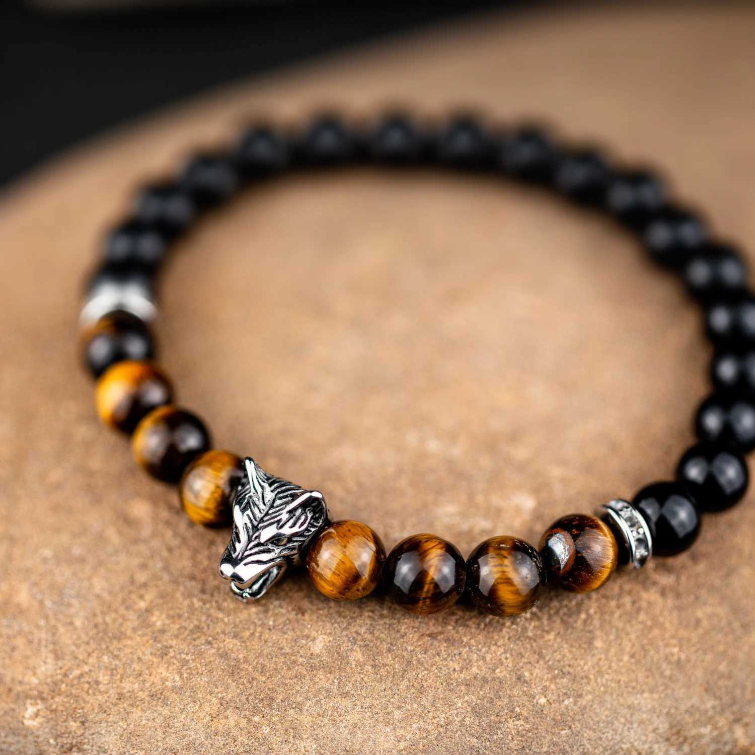 1 piece of natural stone bracelet obsidian bead bracelet wolf charm wolf bead bracelet mens best bracelet W241231