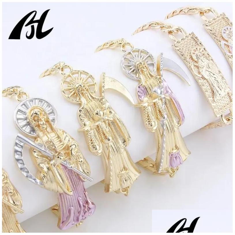Chains Men Pulseras Oro Laminado 14K 18K 23cm Gold Plated Religious Jewelry Holy Death Santa Muerte Bracelet Charms Wholesale Drop Delive Dhrqk