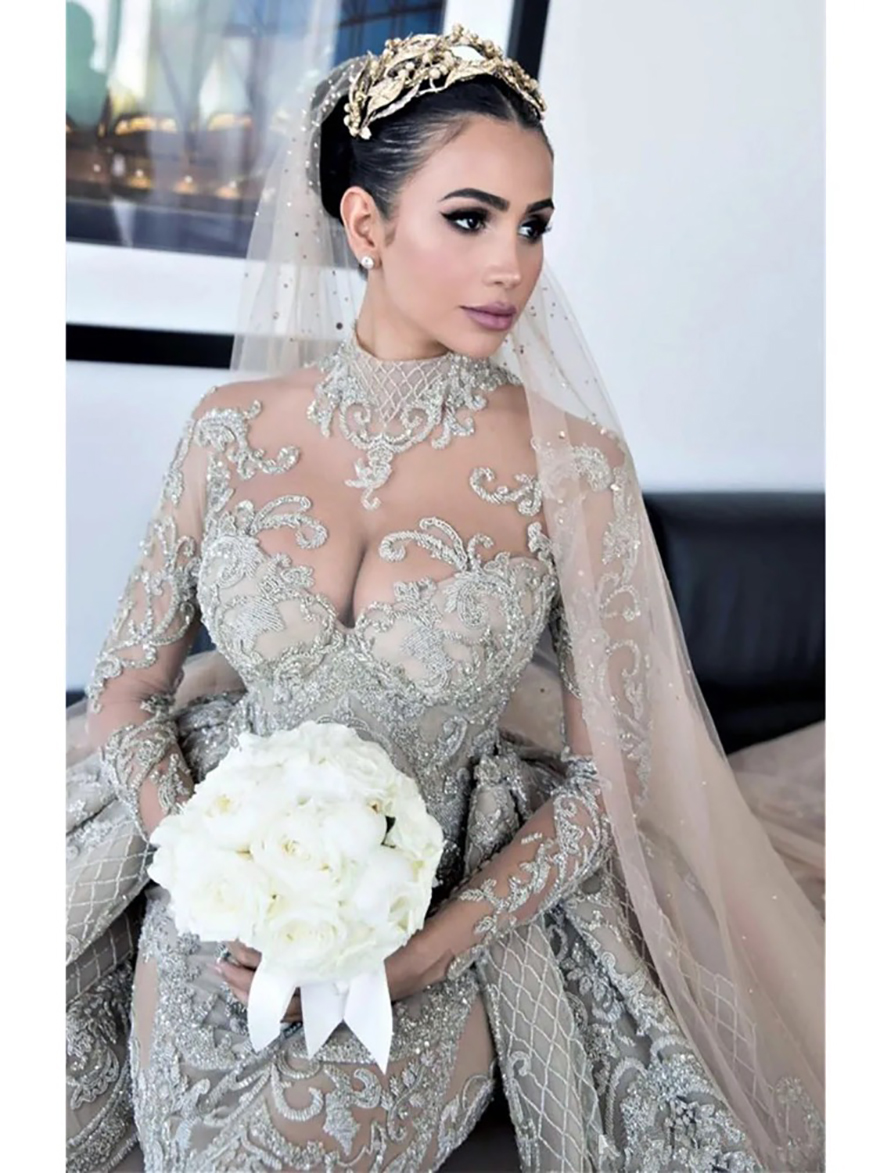 Luxury Crystal Beaded Mermaid Wedding Dresses With Detachable Train High Neck Transparent Long Sleeve Lace Bridal Gowns