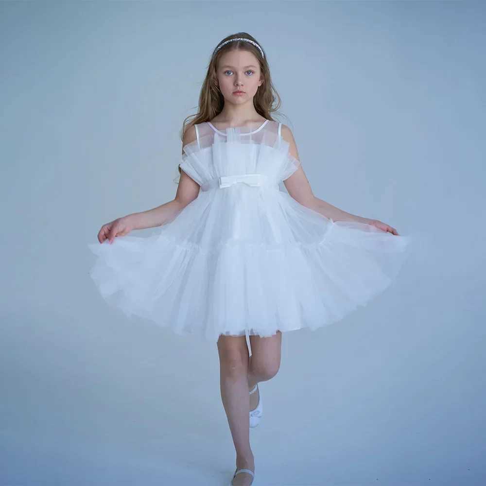Girl White Tail Summer Dress Fluffy Children Tutu Christmas Princess Birthday Vestido Preschool Baptist Baby Clothing W241231