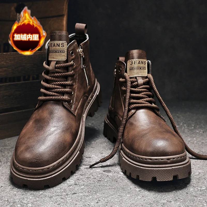 Mens Boots Low-top Motorcycle Boot Casual Leather Work Shoes Men Short Velvet Warm Non-slip Waterproof Trendy Mens Shoe 241231