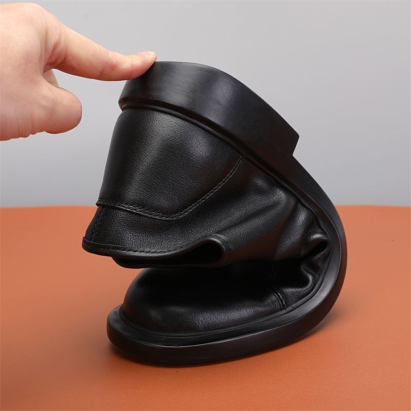 Vintage Genuine Leather Men's Casual Shoes Summer Perforated Roud Toe Thick Bottom Loafers British Style Side Zip Disnger Flats