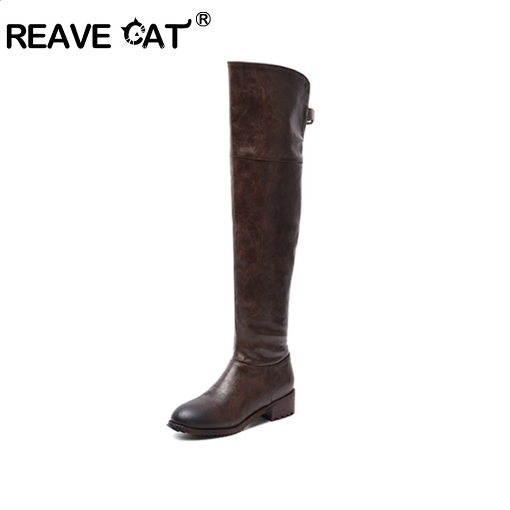 REAVE CAT Women leather boots Over The Knee Boots heels long boots black Lady shoes high quality 241231