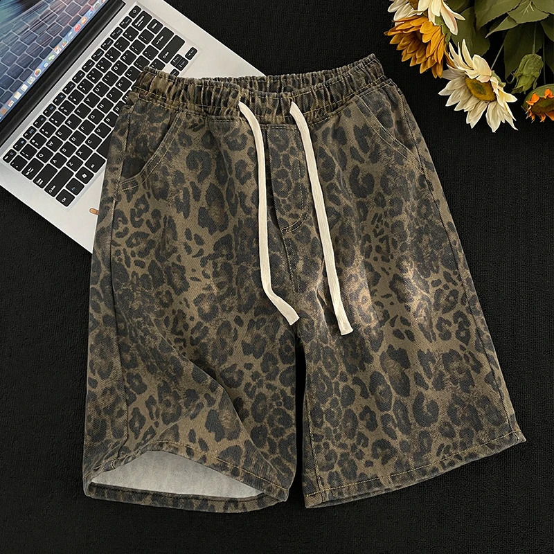 Mens 2025 Summer Fashion Thin Elastic Waist Denim Shorts Mens Leopard Pattern Straight Shorts Mens High Street Shorts P864 241230