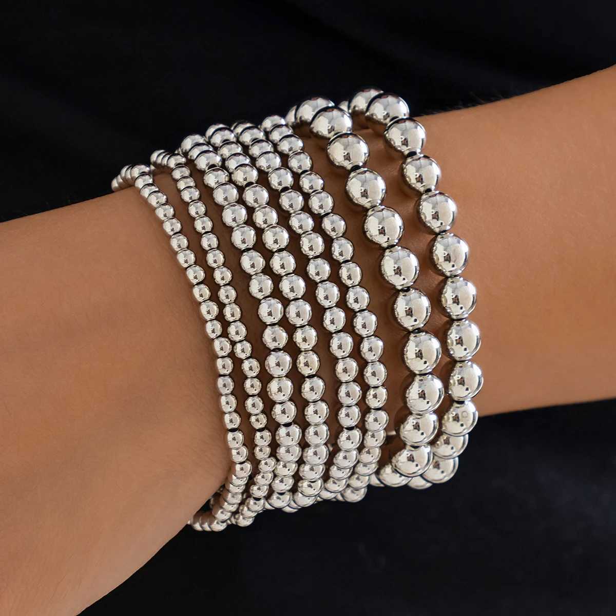KunJoe 8pcs/Set Punk Handmade Ball Bead Bracelet Mens Retro Silver Bracelet Party Fashion Jewelry Gift W241231