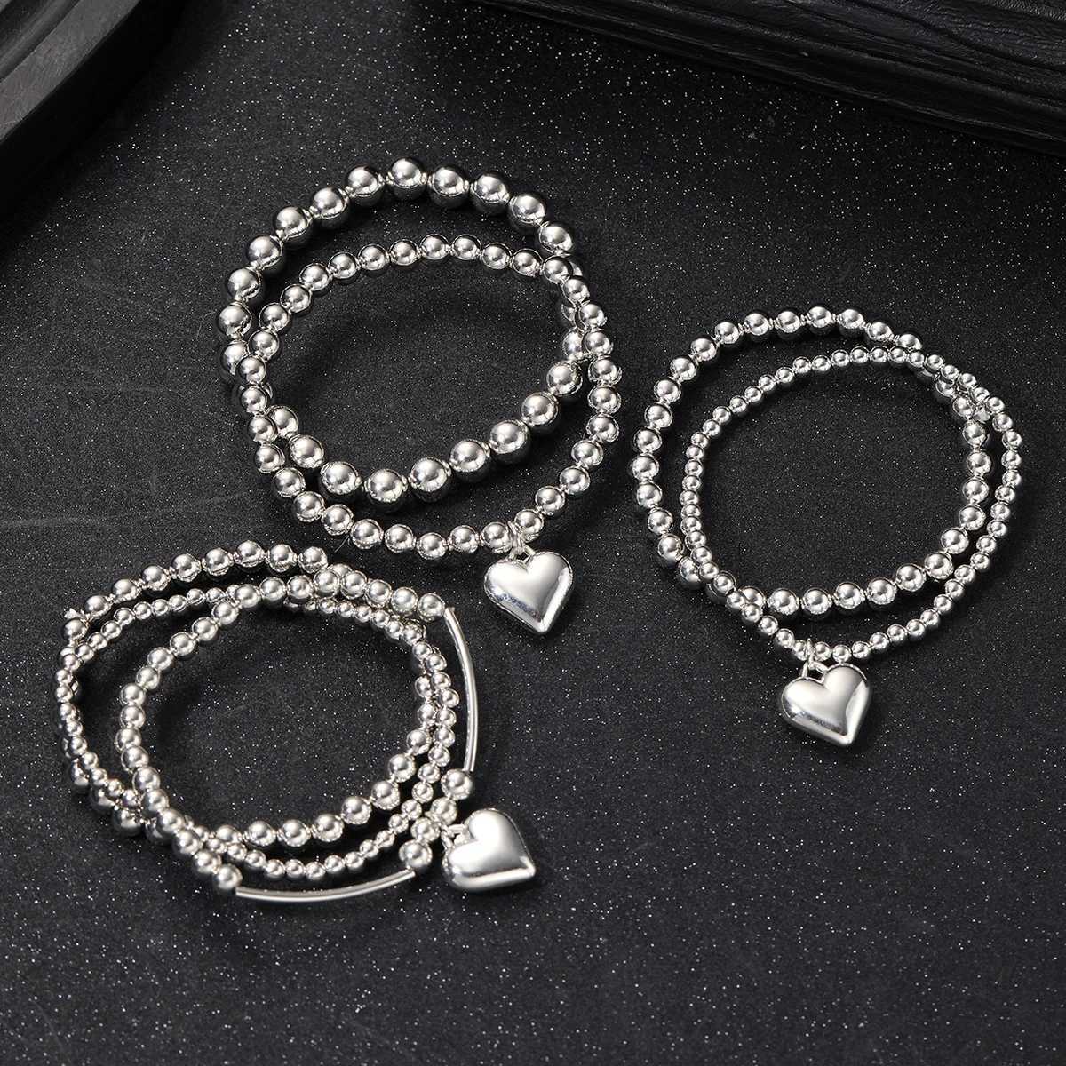 7 pieces/set of unique heart-shaped charm bead bracelet set for women retro simple silver exquisite multi-layer bracelet jewelry gift W241231